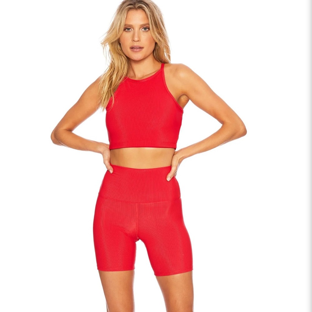 Beach riot shorts and top set red ribbed